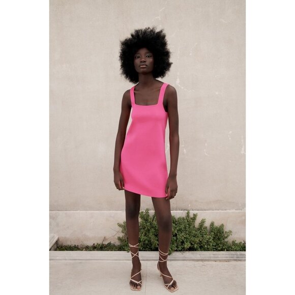 NWT Zara Hot Pink Knit Square Neck Ribbed A-Line Bodycon Barbiecore Mini Dress S - Picture 14 of 16